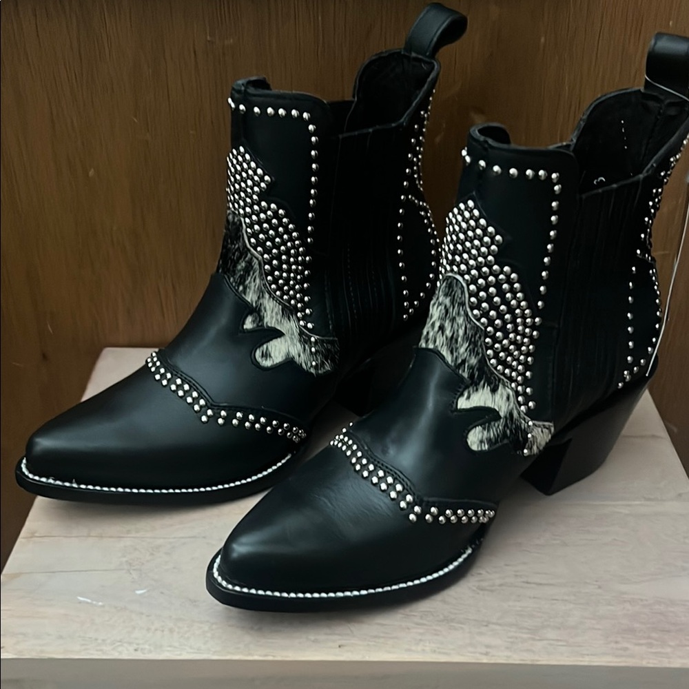 JB Dillon Reserve Black Cowboy Ankle Boots with Silver Studs and Genuine Leather